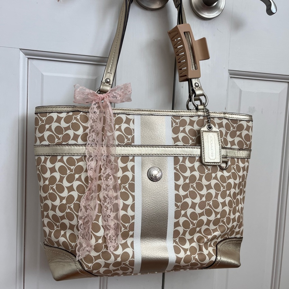 Coach Tan and Gold Tote Bag with Sophisticated Design